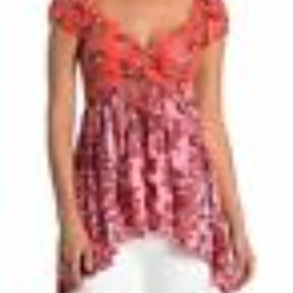 Free People La Bamba Babydoll Printed Top Hawaiian Sunset Pink Orange - Picture 3 of 4